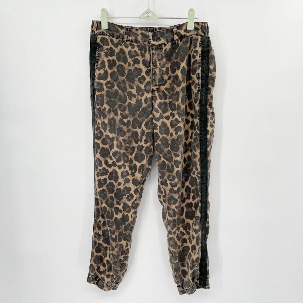 Pam & Gela Cropped Pants Leopard Print Pinstripe Size M Tapered Leg Buttons